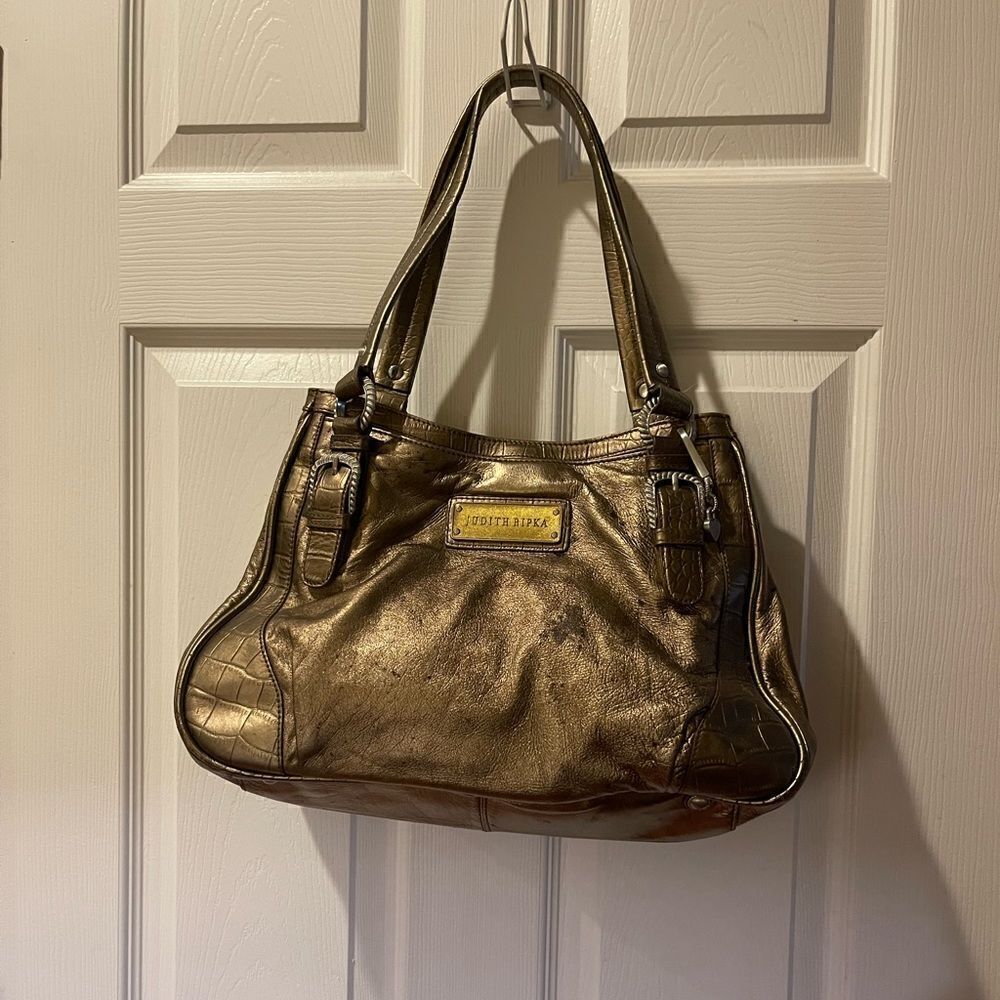 Judith Ripka leather Bronze Large shoulder bag silver tone hardwares